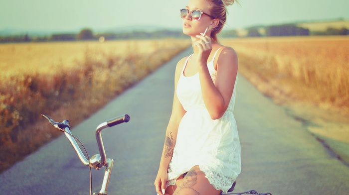 girl, girl with bikes, girl with glasses, model, cigars, tattoo, road