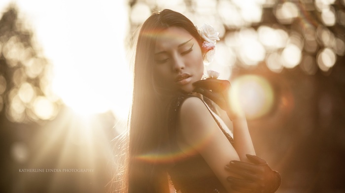 model, closed eyes, face, Asian, sunlight, portrait, lens flare, bokeh, girl, girl outdoors, brunette