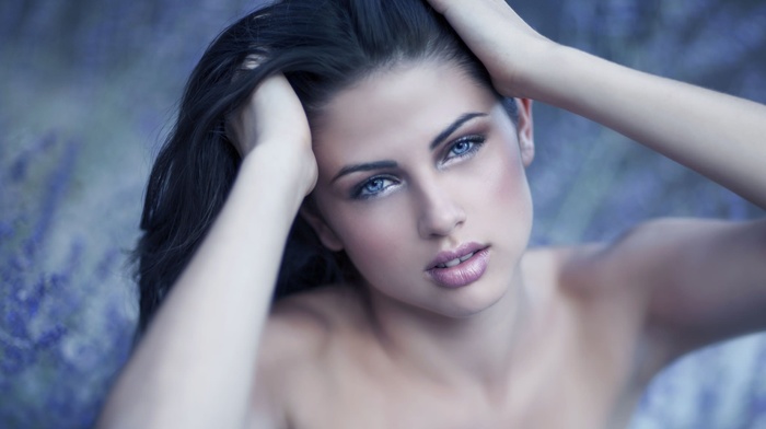 girl, face, hands in hair, brunette, portrait, blue eyes, model