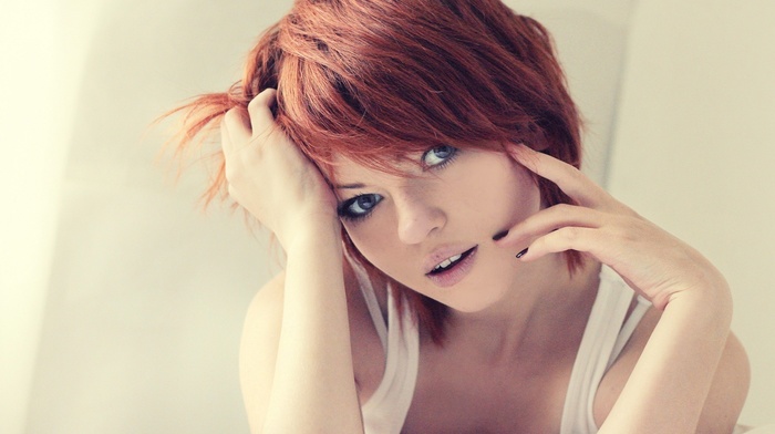 redhead, girl, Vladlena Venskaya, blue eyes, painted nails, tank top