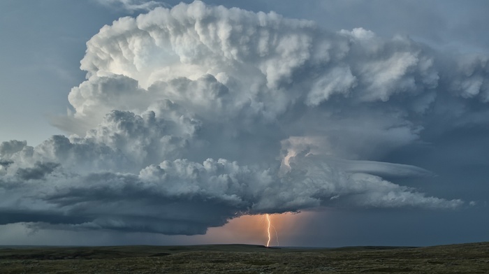 field, lightning, nature, landscape, sky, clouds, storm, plains