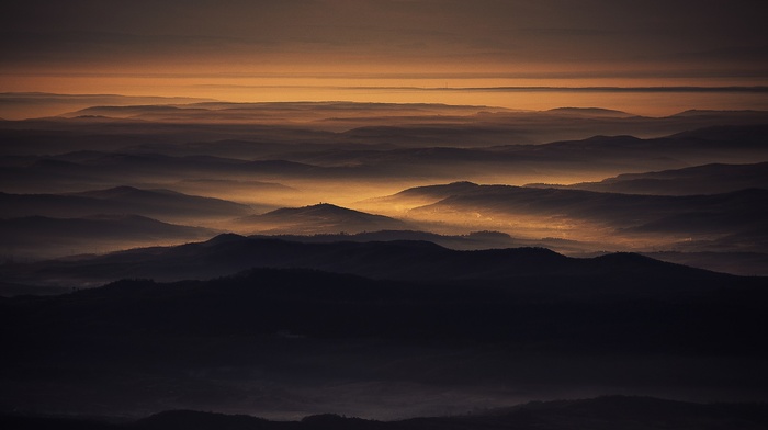 gold, lights, nature, sunrise, Romania, valley, mountain, mist, landscape, offing