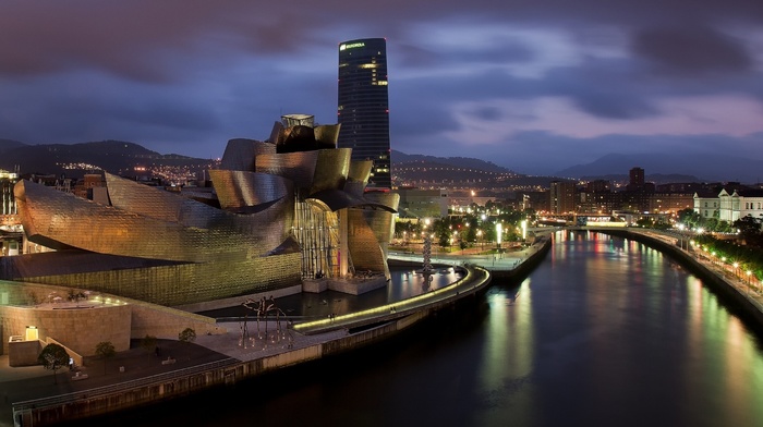 Spain, skyscraper, Frank Gehry, hill, Bilbao, architecture, lights, museum, night, landscape, Guggenheim, nature, river