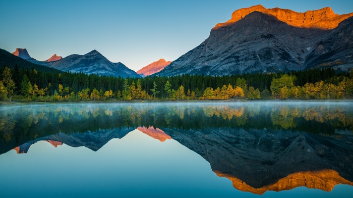 mountain, nature, forest, lake, landscape, trees, fall, mist, sunrise, sunlight, clear sky, reflection, Canada