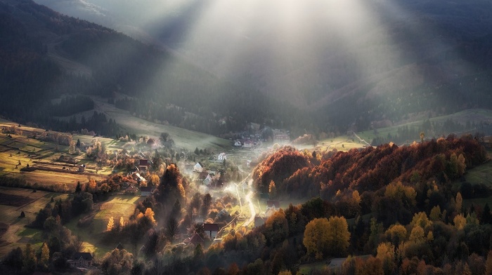 mountain, sun rays, fall, landscape, nature, forest, valley, sunrise