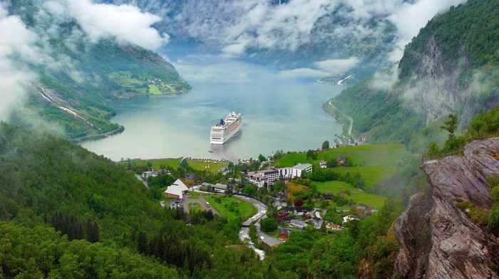 forest, Norway, river, lake, mountain, nature, clouds, trees, landscape, ship, cruise ship