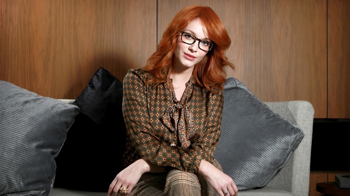 girl with glasses, glasses, Christina Hendricks, couch, actress, redhead, girl