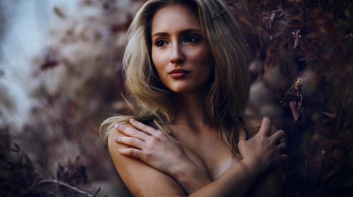portrait, girl, model, blonde, holding boobs, face