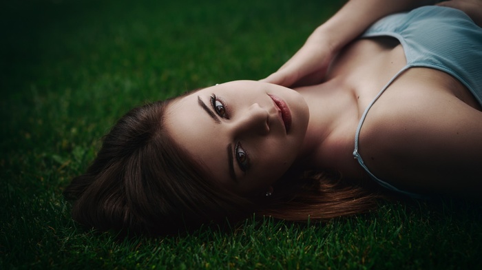 grass, brunette, portrait, face, girl, model