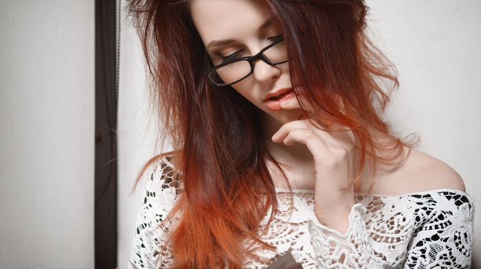 portrait, model, face, redhead, girl, girl with glasses