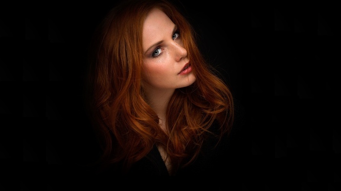 face, redhead, portrait, model, black background, girl