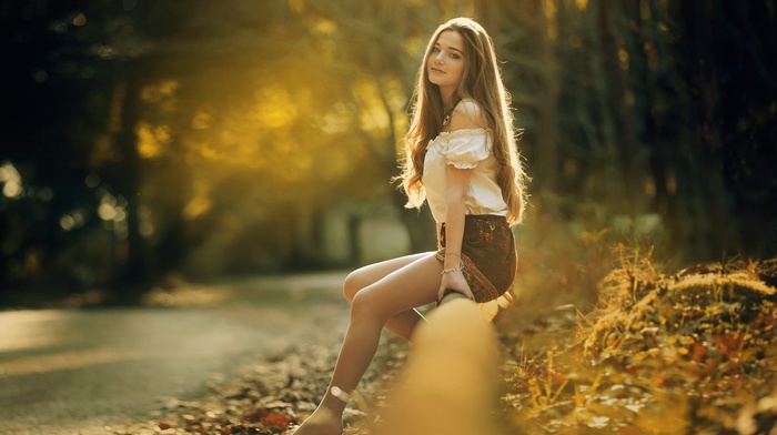 model, sitting, girl outdoors, road, girl