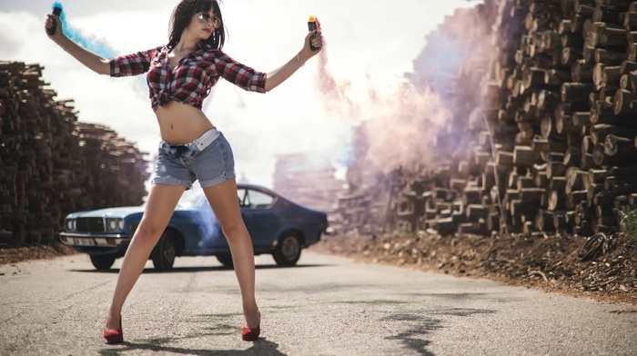 road, high heels, girl, girl with glasses, model, car, jean shorts