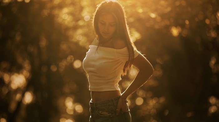 jean shorts, girl, looking down, model