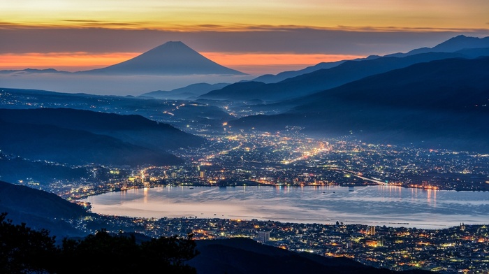 evening, valley, lights, mist, nature, mountain, Mount Fuji, clouds, sea, cityscape, landscape, Japan, ports, city