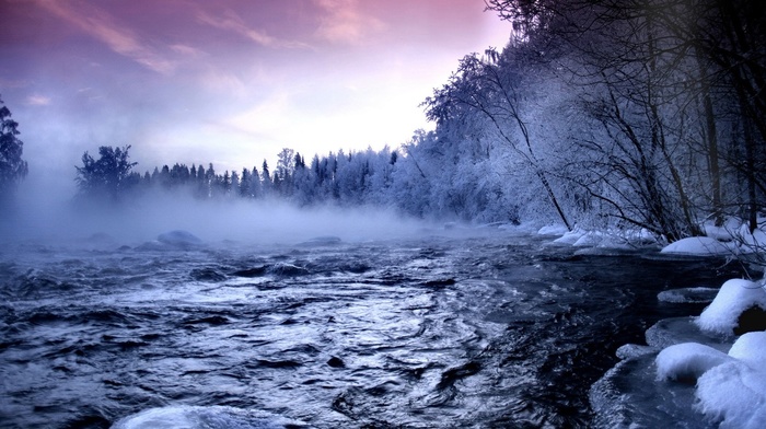 trees, winter, river, nature, mist, water, forest, landscape, snow