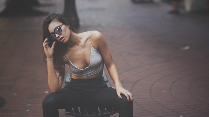 model, girl, jeans, girl with glasses, sitting