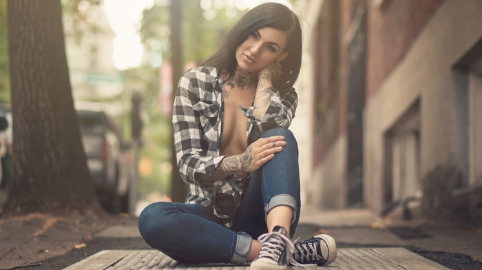 model, shoes, open shirt, sitting, girl, jeans, tattoo