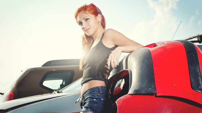 girl, model, jean shorts, car, redhead