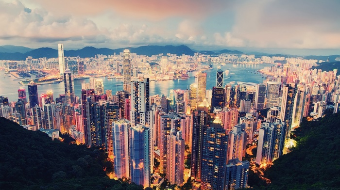 Hong Kong, clouds, lights, city, skyscraper, cityscape, river