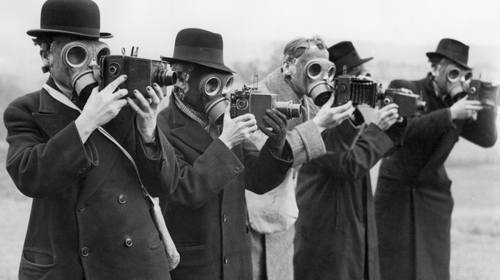 camera, gas masks, monochrome