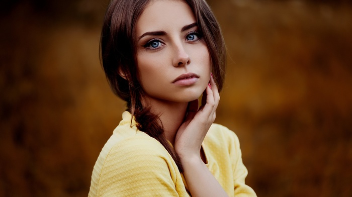 girl outdoors, girl, brunette, blue eyes, Ann Nevreva, depth of field, portrait, looking at viewer, face, model