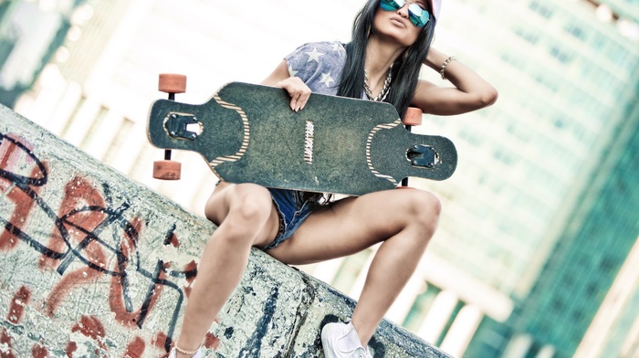 model, skateboard, jean shorts, girl, girl with glasses, sitting