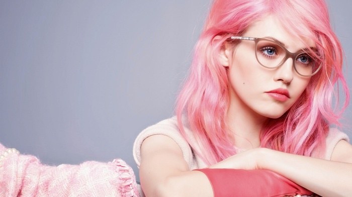 girl, pink hair, blue eyes, glasses, face, girl with glasses, dyed hair