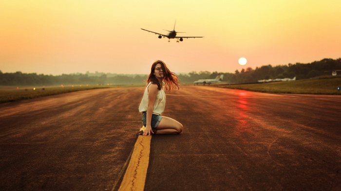 kneeling, model, airplane, sunset, girl
