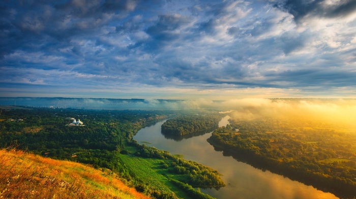 Moldova, landscape, sunrise, mist, clouds, field, forest, grass, river, nature