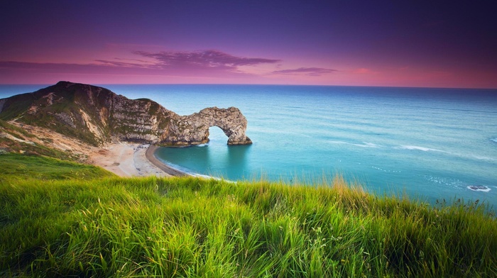 landscape, sunset, grass, nature, hill, sea, Durdle Door, sand, clouds, beach, England