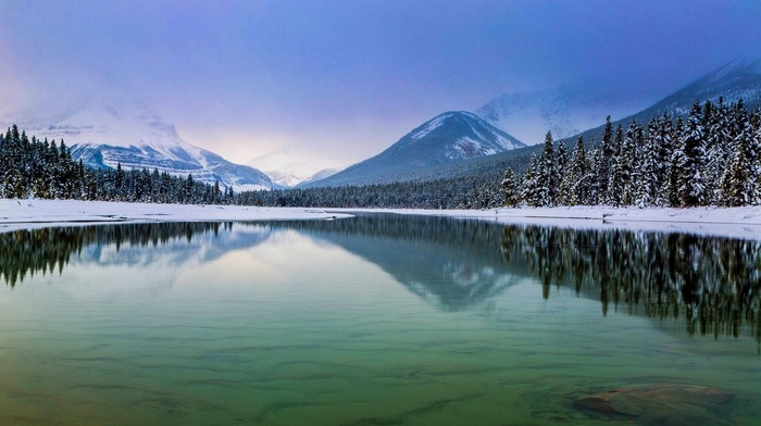 mountain, Jasper National Park, winter, lake, water, Canada, landscape, snow, forest, nature