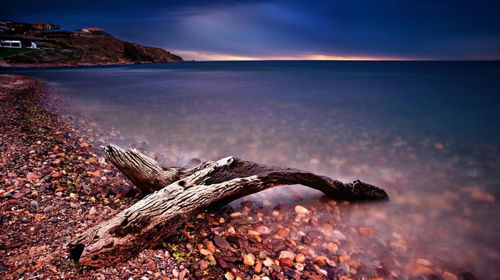 driftwood, sea, log, wood, stones, pebbles, beach, clouds, sunset, long exposure, calm, evening, nature, coast