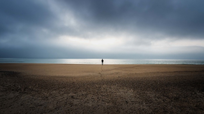 minimalism, footprints, landscape, horizon, coast, sea, girl, nature, alone, beach, clouds