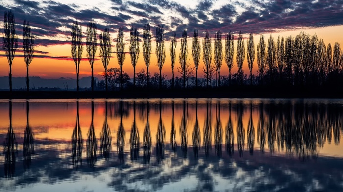 reflection, Italy, symmetry, nature, branch, water, clouds, trees, silhouette, landscape, sunset