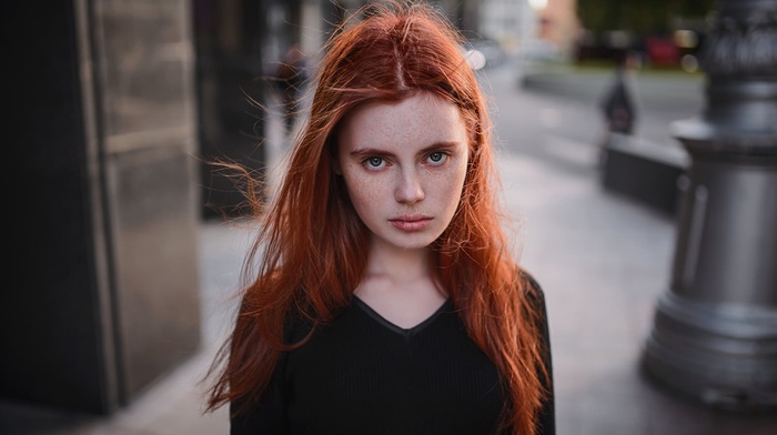 portrait, freckles, long hair, face, model, girl, redhead