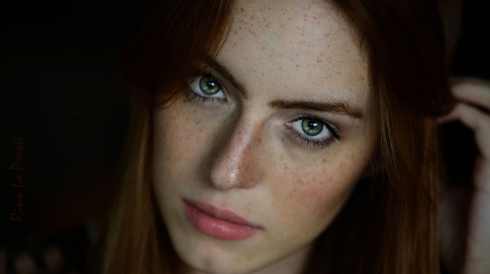freckles, face, brunette, portrait, girl, model, green eyes