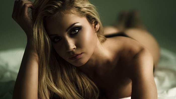 topless, blonde, girl, strategic covering, portrait, depth of field, face, in bed, ass, model