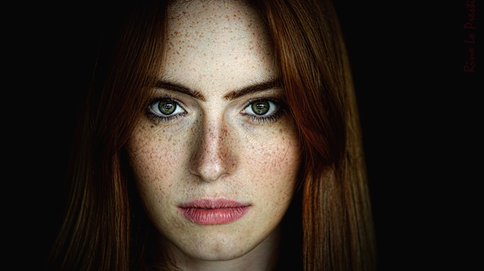 portrait, model, girl, face, auburn hair, green eyes, freckles
