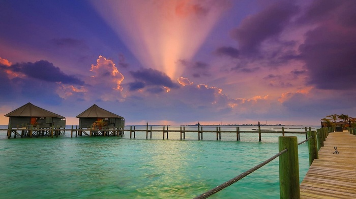 beach, sunset, water, resort, sun rays, Maldives, sea, clouds, landscape, walkway, bungalow, nature