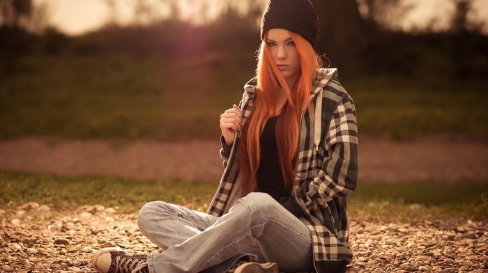 long hair, girl, redhead, Zara Axeronias, girl outdoors, nature, model, jeans