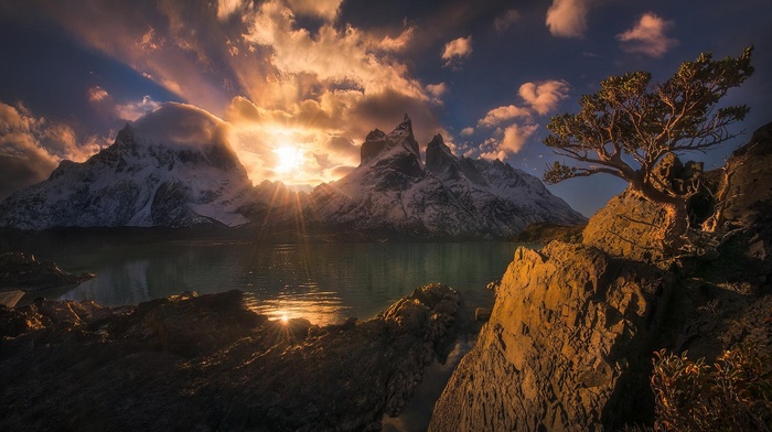 snowy peak, sun rays, Torres del Paine, lake, nature, mountain, Chile, landscape, trees, water, sunset, clouds