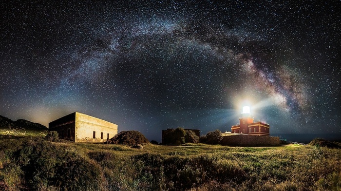 universe, lighthouse, grass, nature, shrubs, long exposure, starry night, space, galaxy, Milky Way, landscape