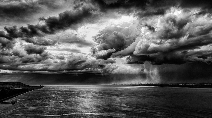 landscape, nature, dock, river, water, monochrome, clouds, rain, storm