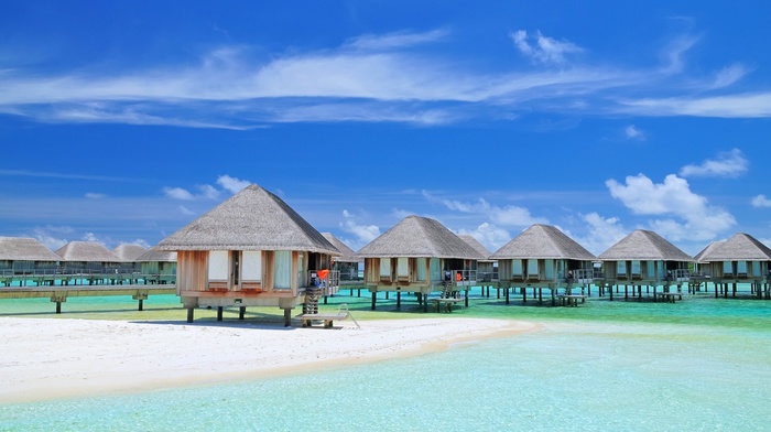 bungalow, Maldives, beach, Vacations, tropical, resort, clouds, nature, landscape, sea, summer