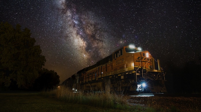 Milky Way, grass, diesel locomotives, trees, starry night, landscape, train, machine, lights