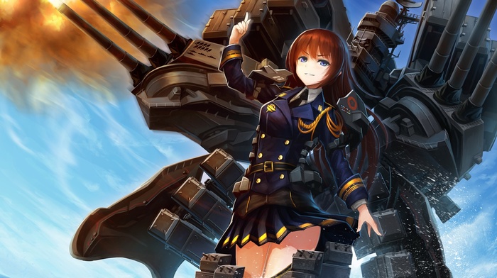 Kantai Collection, long hair, solo, machine gun, uniform, redhead, gun, skirt, fire, weapon, pleated