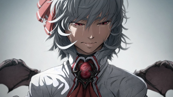 grey hair, solo, sad, short hair, tears, touhou, gray background, red eyes, crying, upset, Remilia Scarlet