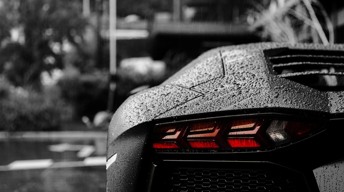 Lamborghini Aventador, rain, bokeh, selective coloring, water drops, Lamborghini, F22, car