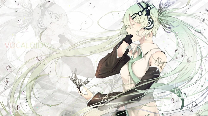 water drops, green hair, headphones, Vocaloid, butterfly, Hatsune Miku, anime girls, twintails, long hair, bangs, closed eyes, hair ornament, ribbon, open mouth, bare shoulders, water, detached sleeves, tie, tattoo